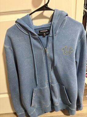 True Religion Washed Blue Zip Hoodie with Neon Trim Logo